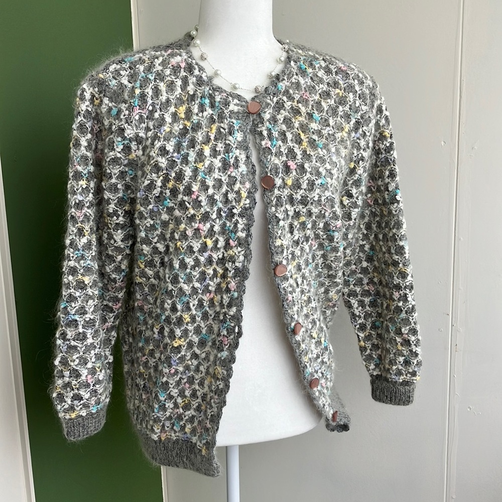 Vintage 80s Gray and Pastel Fuzzy Button Down Cardigan